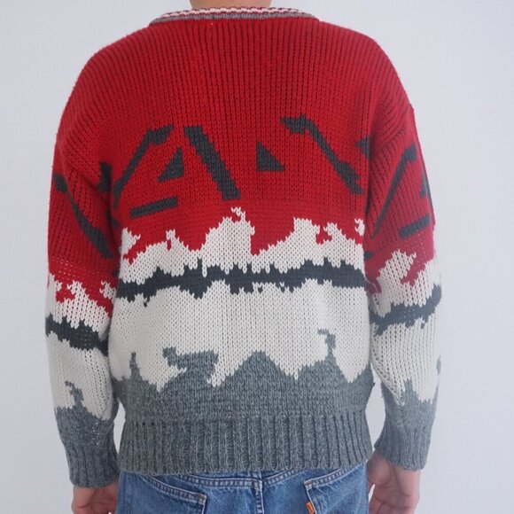 Vintage Club International Red Gray Eclectic Grandpa Outdoor Crewneck Sweater M - Picture 2 of 10